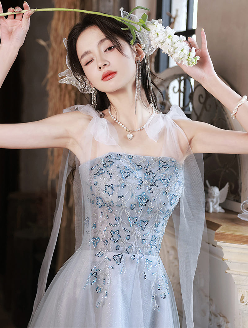 Unique Sweet Blue Tulle Birthday Party Prom Long Dress Ball Gown – FloraShe