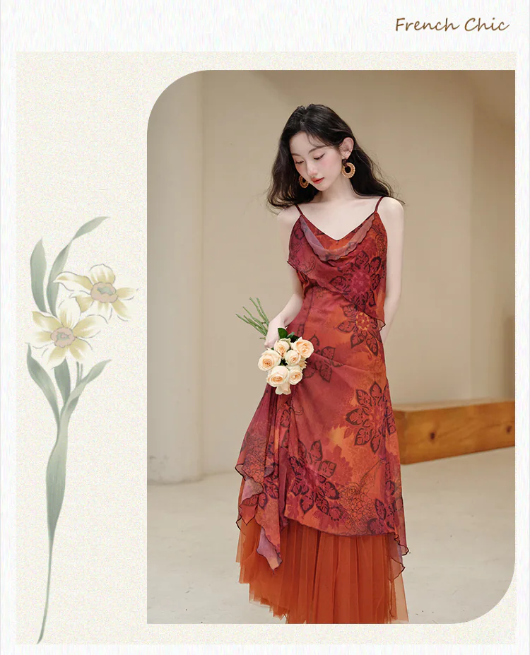 Vintage-Floral-Print-Cowl-Neck-Slip-Dress-with-Tulle-Mesh-Layered-Skirt-Set10