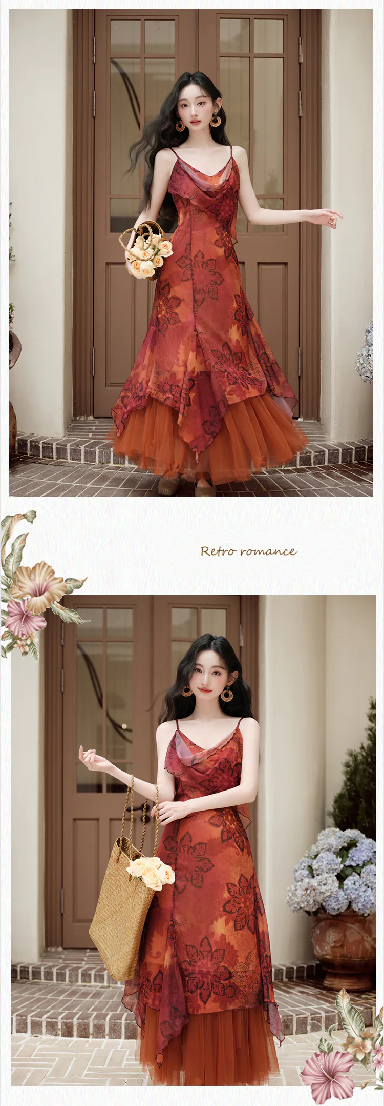 Vintage-Floral-Print-Cowl-Neck-Slip-Dress-with-Tulle-Mesh-Layered-Skirt-Set11