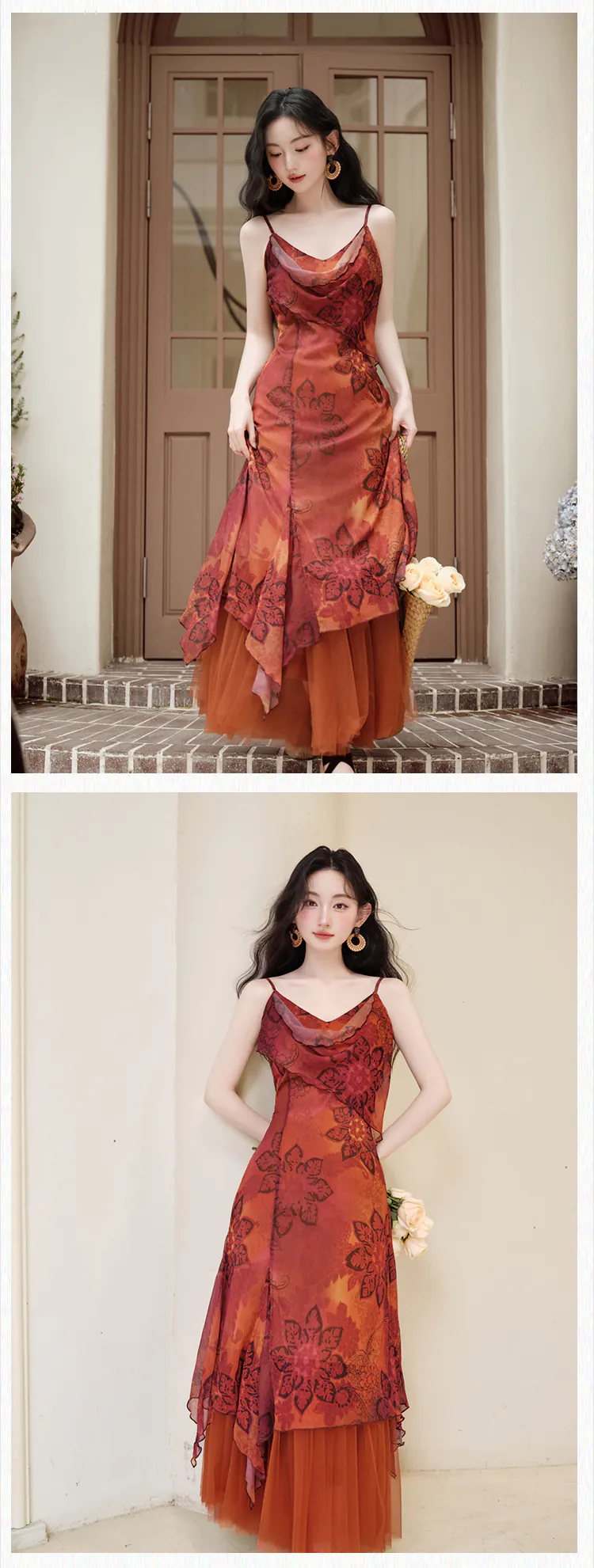 Vintage-Floral-Print-Cowl-Neck-Slip-Dress-with-Tulle-Mesh-Layered-Skirt-Set15
