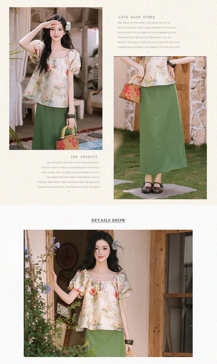Vintage-Floral-Puff-Sleeve-Square-Neck-Blouse-with-Olive-Green-Skirt-Set08