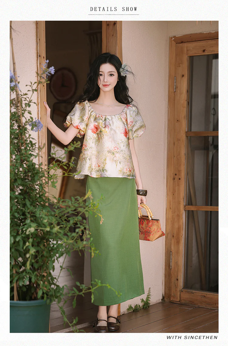 Vintage-Floral-Puff-Sleeve-Square-Neck-Blouse-with-Olive-Green-Skirt-Set09