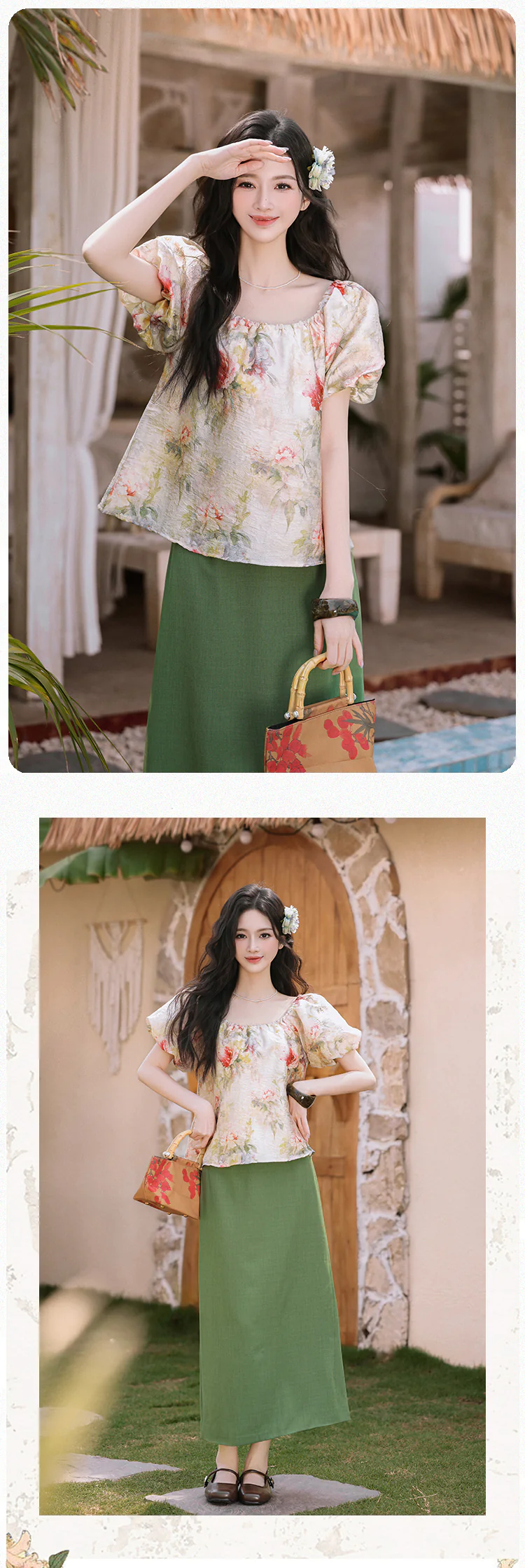 Vintage-Floral-Puff-Sleeve-Square-Neck-Blouse-with-Olive-Green-Skirt-Set10