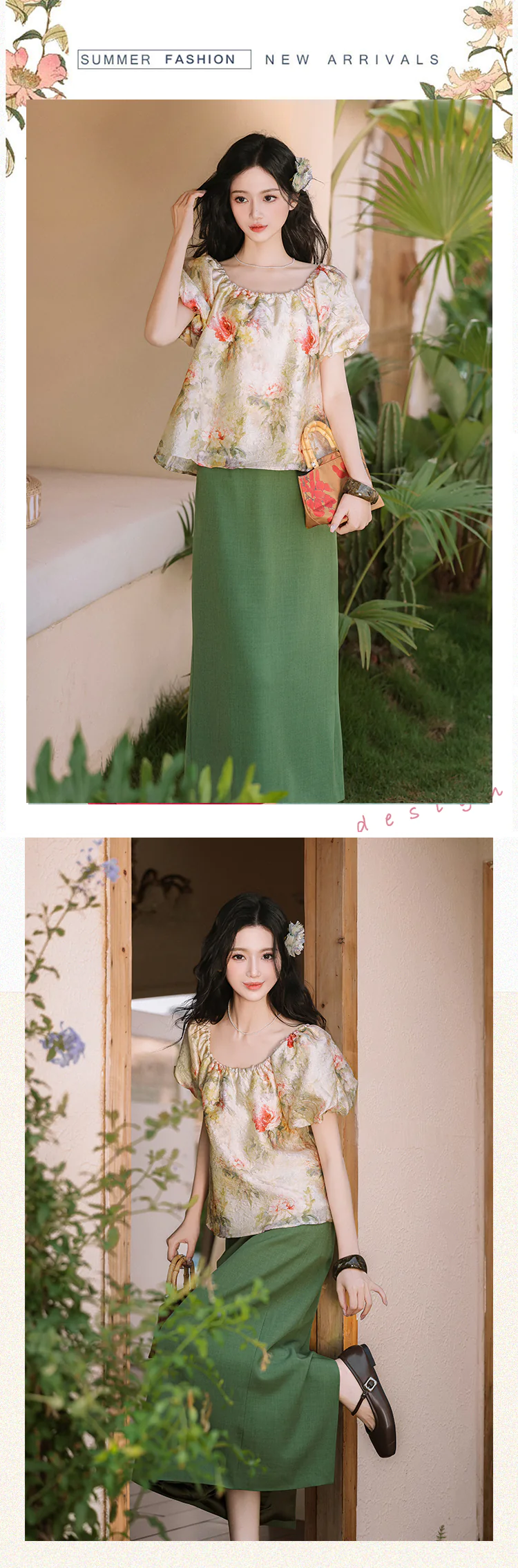 Vintage-Floral-Puff-Sleeve-Square-Neck-Blouse-with-Olive-Green-Skirt-Set11