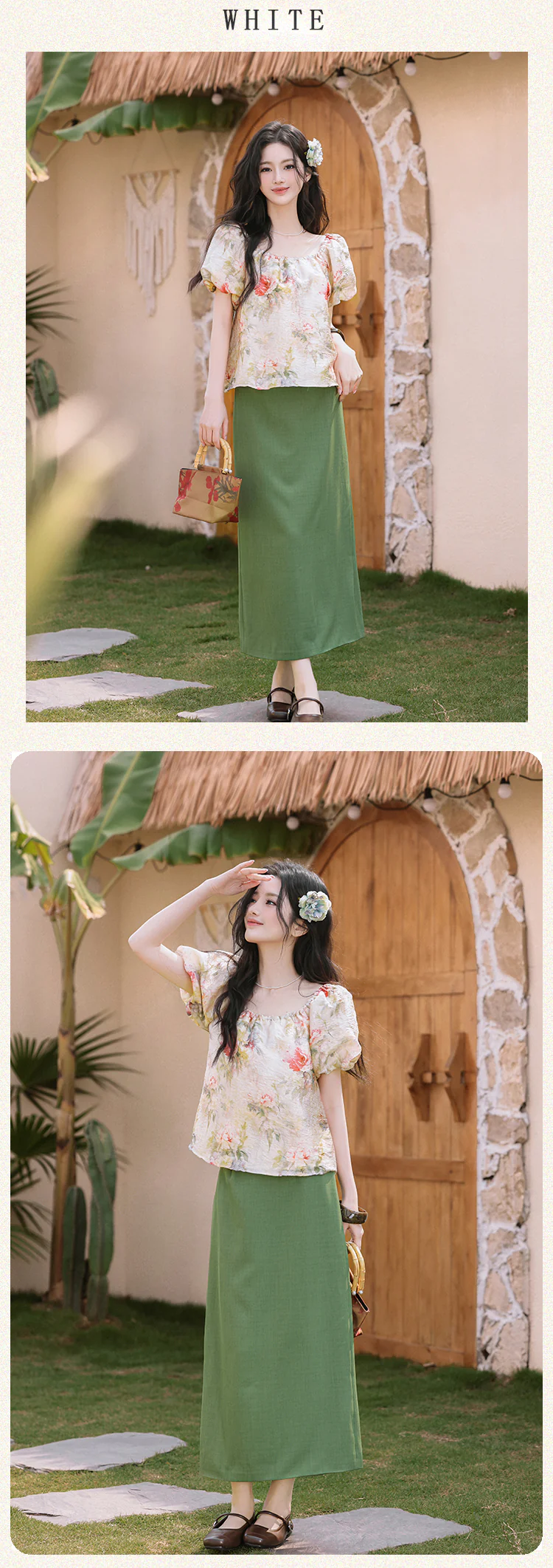 Vintage-Floral-Puff-Sleeve-Square-Neck-Blouse-with-Olive-Green-Skirt-Set12