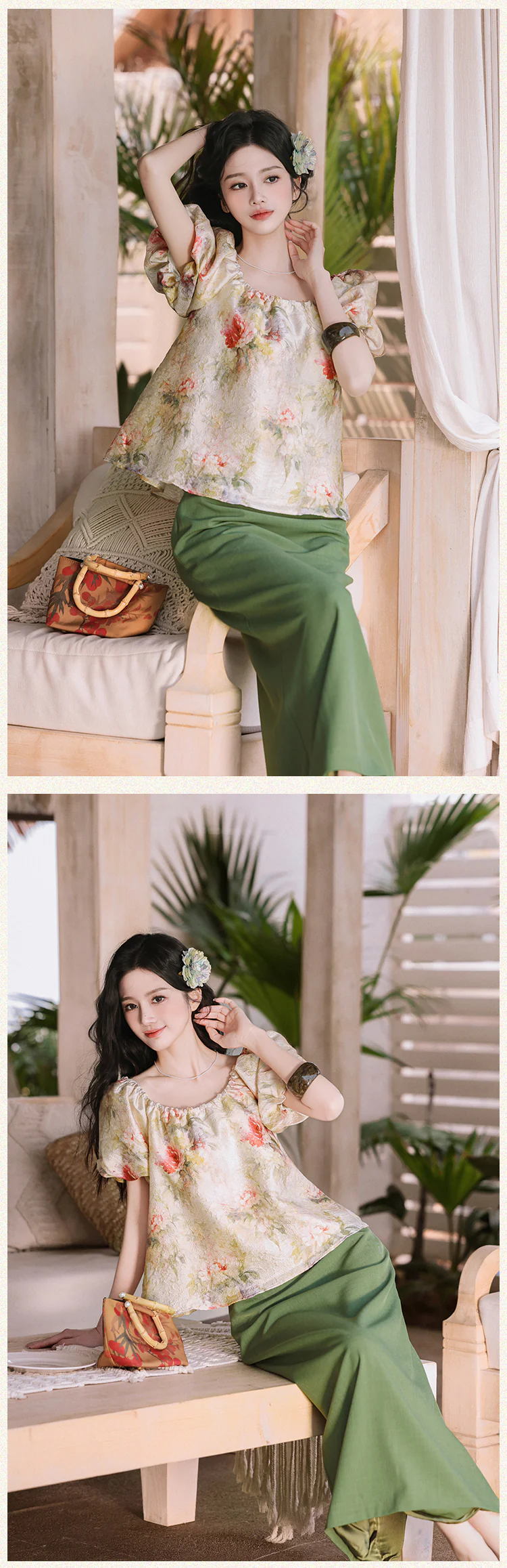 Vintage-Floral-Puff-Sleeve-Square-Neck-Blouse-with-Olive-Green-Skirt-Set13