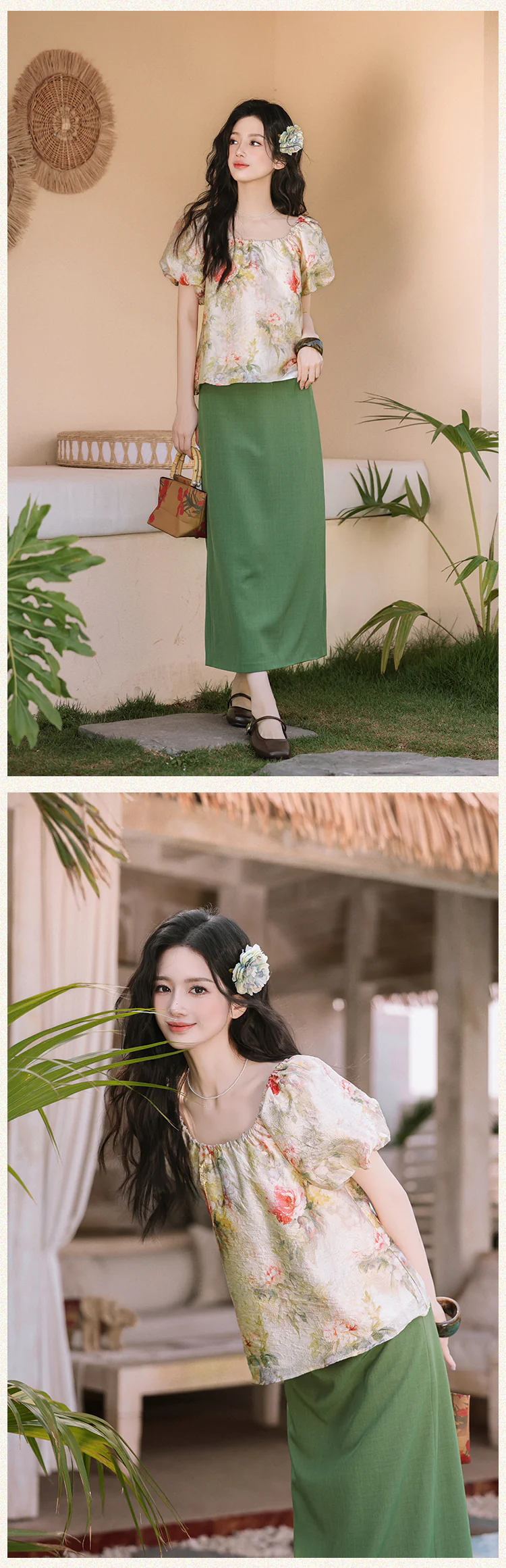 Vintage-Floral-Puff-Sleeve-Square-Neck-Blouse-with-Olive-Green-Skirt-Set14