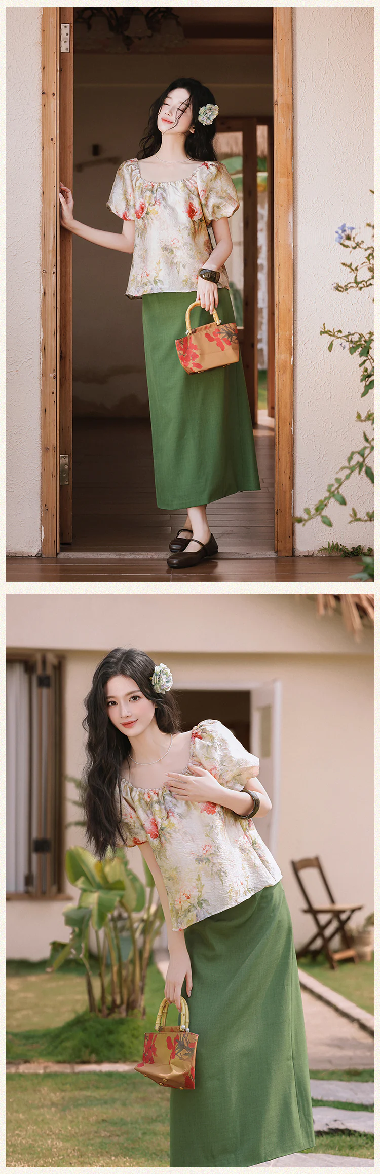 Vintage-Floral-Puff-Sleeve-Square-Neck-Blouse-with-Olive-Green-Skirt-Set15