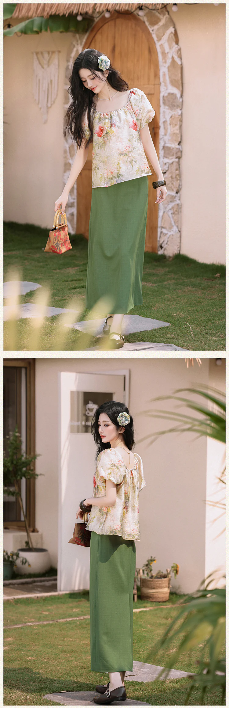 Vintage-Floral-Puff-Sleeve-Square-Neck-Blouse-with-Olive-Green-Skirt-Set16