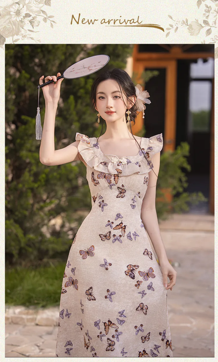 Vintage-French-Square-Ruffle-Neck-Butterfly-Print-Summer-Casual-Sundress07
