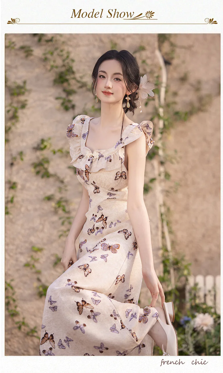 Vintage-French-Square-Ruffle-Neck-Butterfly-Print-Summer-Casual-Sundress11