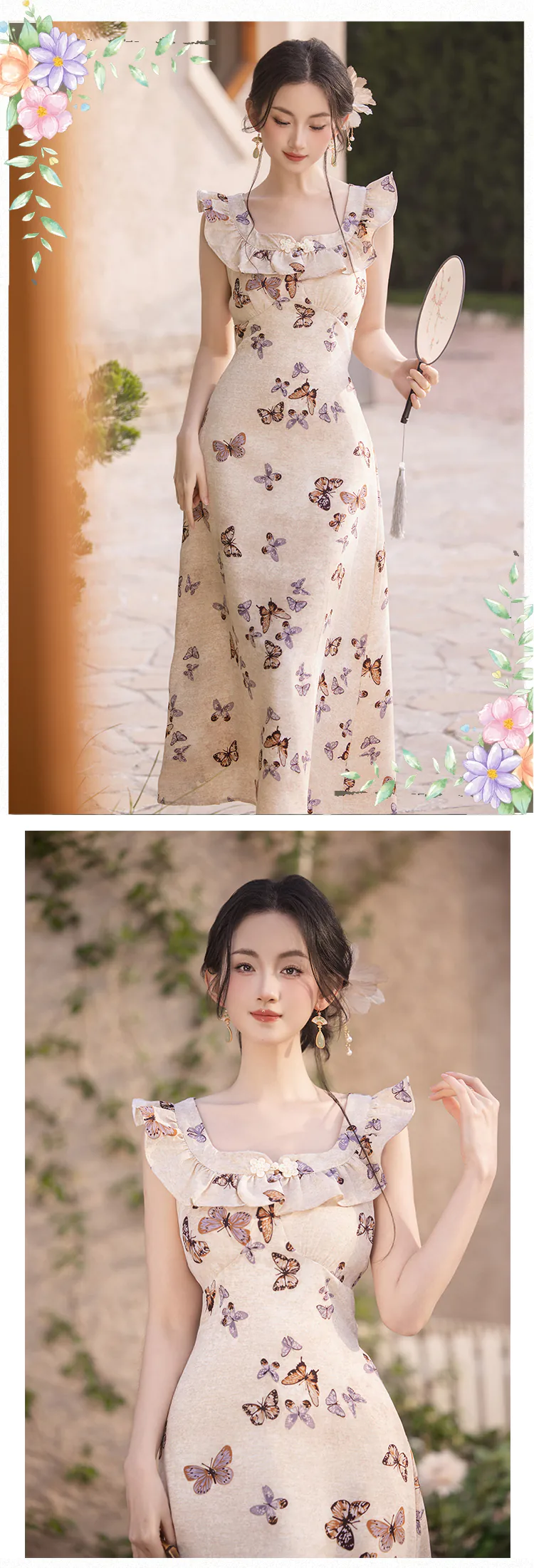 Vintage-French-Square-Ruffle-Neck-Butterfly-Print-Summer-Casual-Sundress13