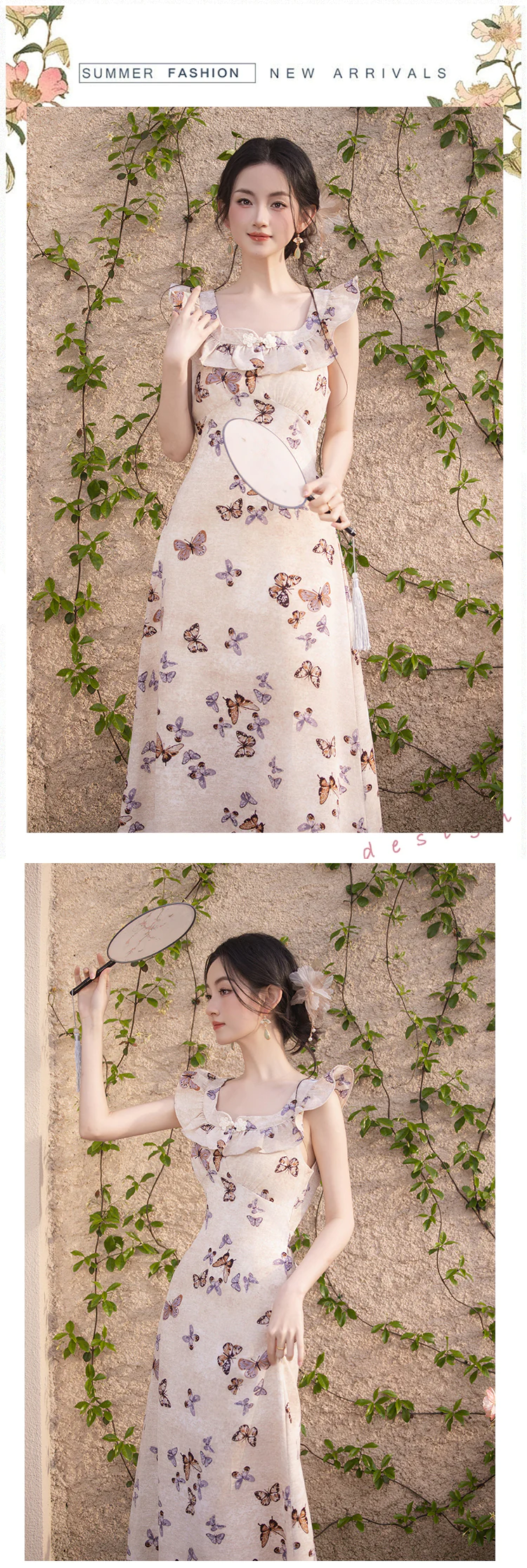 Vintage-French-Square-Ruffle-Neck-Butterfly-Print-Summer-Casual-Sundress15