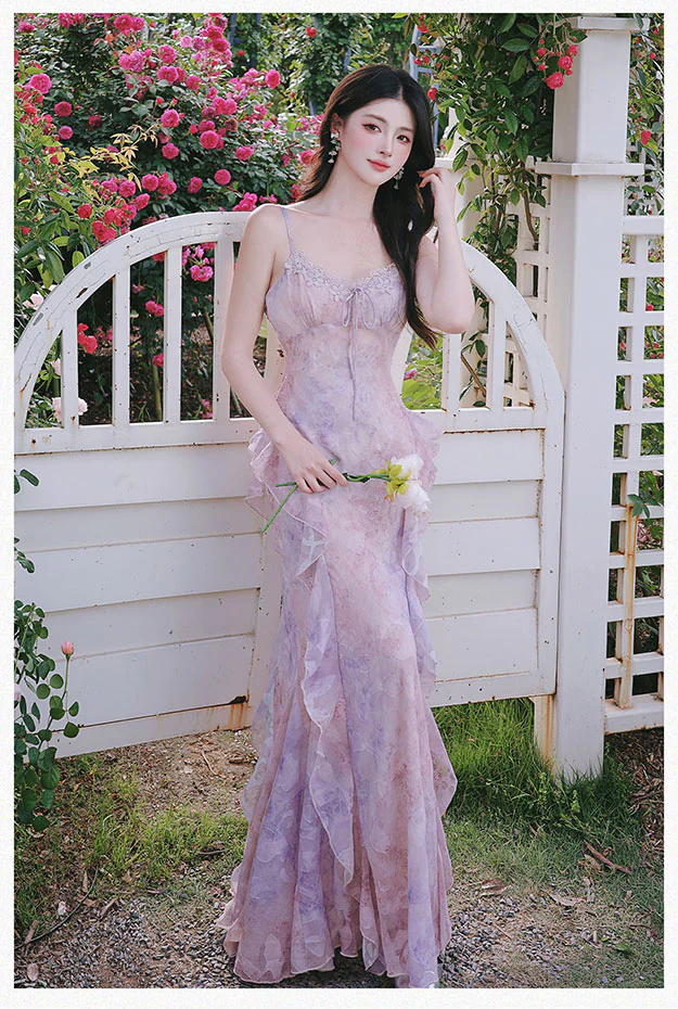Vintage-Lavender-Floral-Print-Ruffle-Mermaid-Dress-with-Matching-Sun-Shirt13