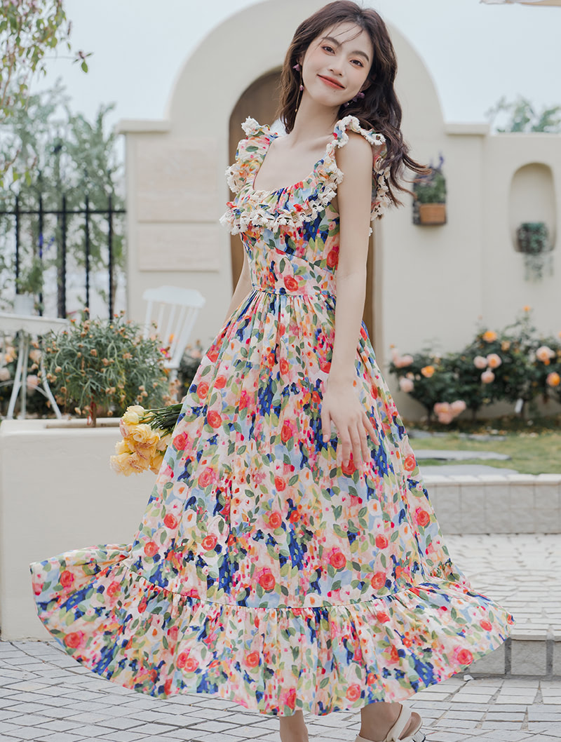 Vintage Off Shoulder Chiffon Floral Summer Casual Long Dress01