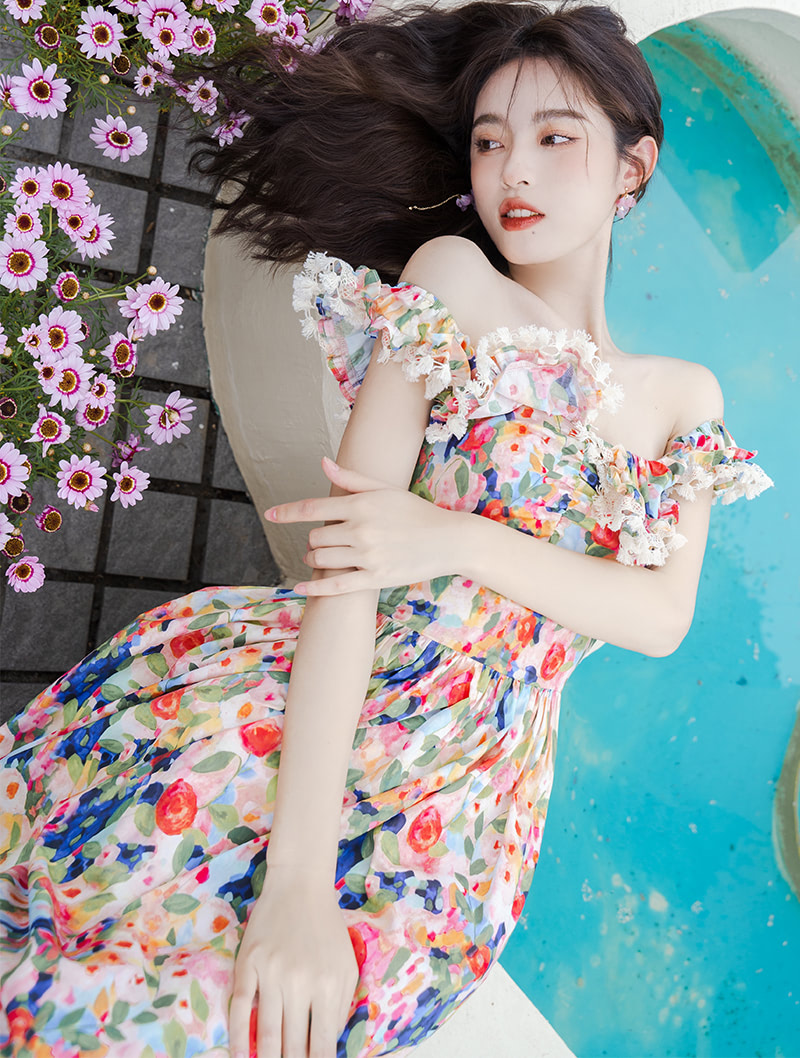 Vintage Off Shoulder Chiffon Floral Summer Casual Long Dress02