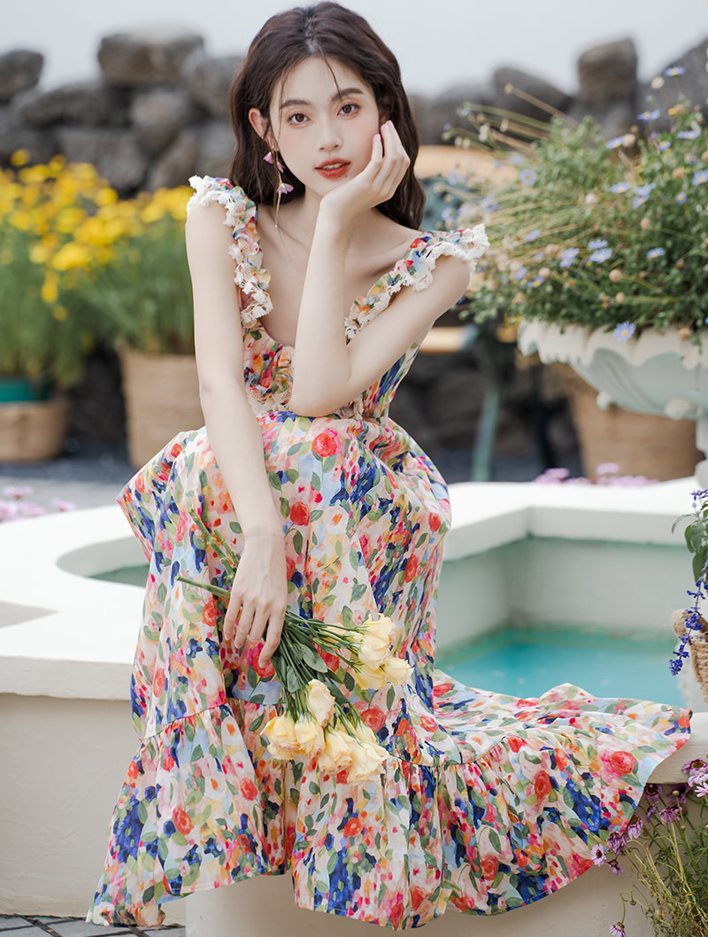 Vintage Off Shoulder Chiffon Floral Summer Casual Long Dress03