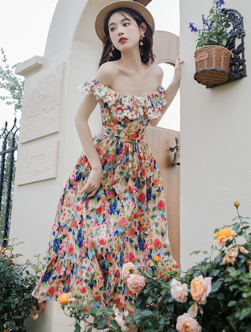 Vintage Off Shoulder Chiffon Floral Summer Casual Long Dress04
