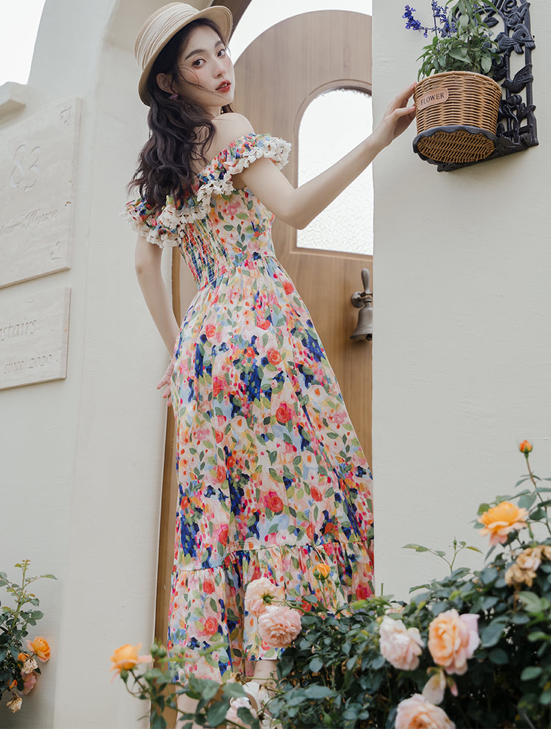 Vintage Off Shoulder Chiffon Floral Summer Casual Long Dress05