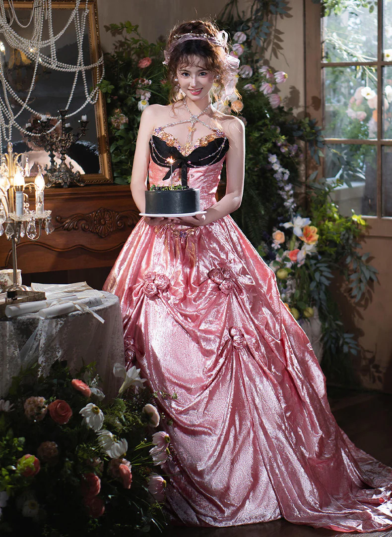 Vintage-Rococo-Princess-Black-Velvet-Corset-Bodice-Pink-Skirt-Ball-Gown08
