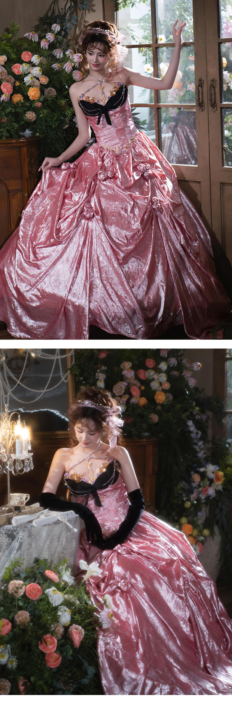 Vintage-Rococo-Princess-Black-Velvet-Corset-Bodice-Pink-Skirt-Ball-Gown11