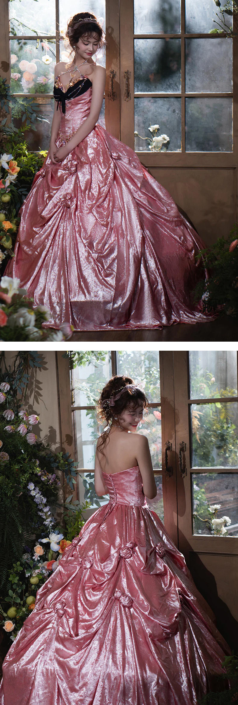 Vintage-Rococo-Princess-Black-Velvet-Corset-Bodice-Pink-Skirt-Ball-Gown12