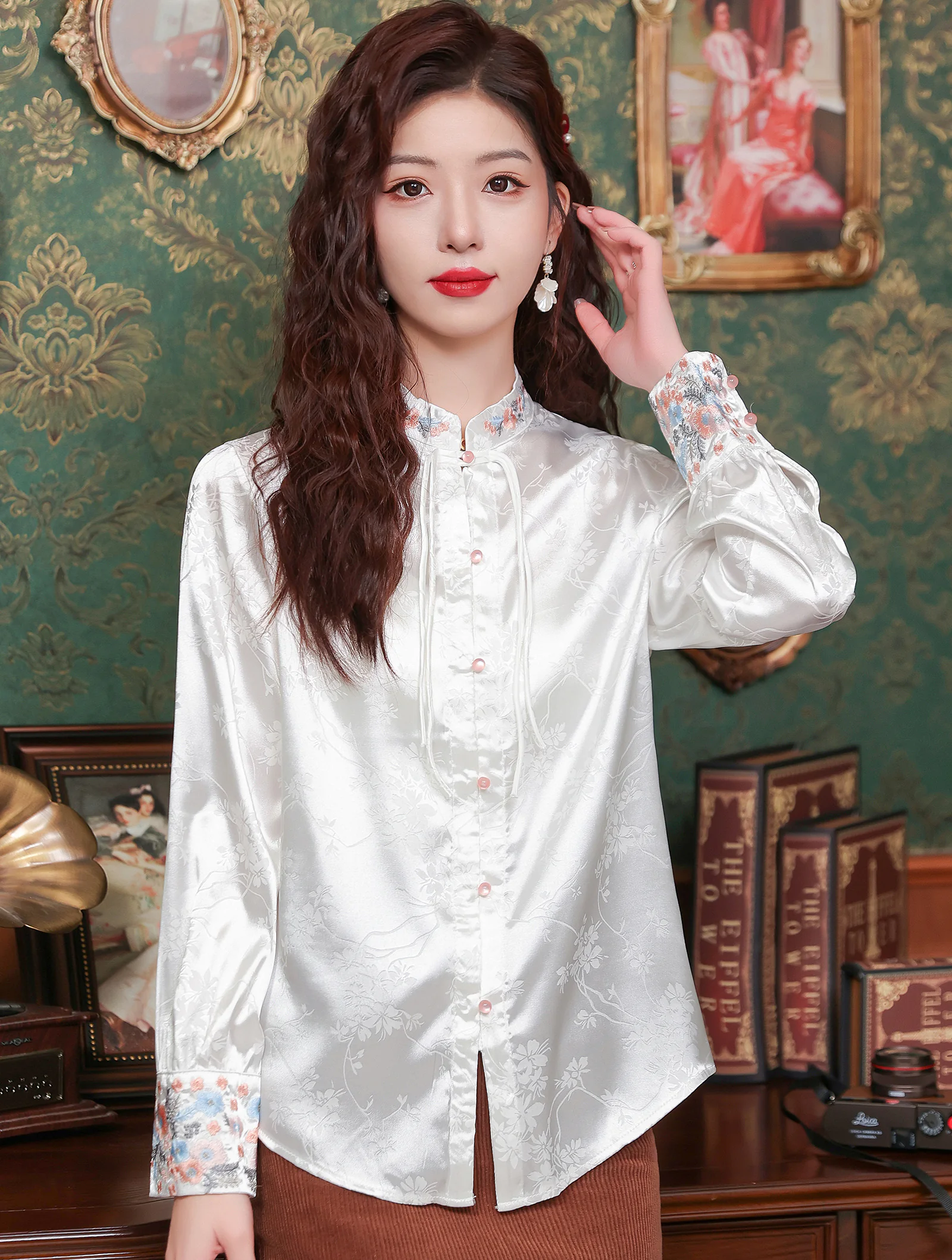 Vintage White Embroidery Jacquard Work Date Casual Shirt Blouse01