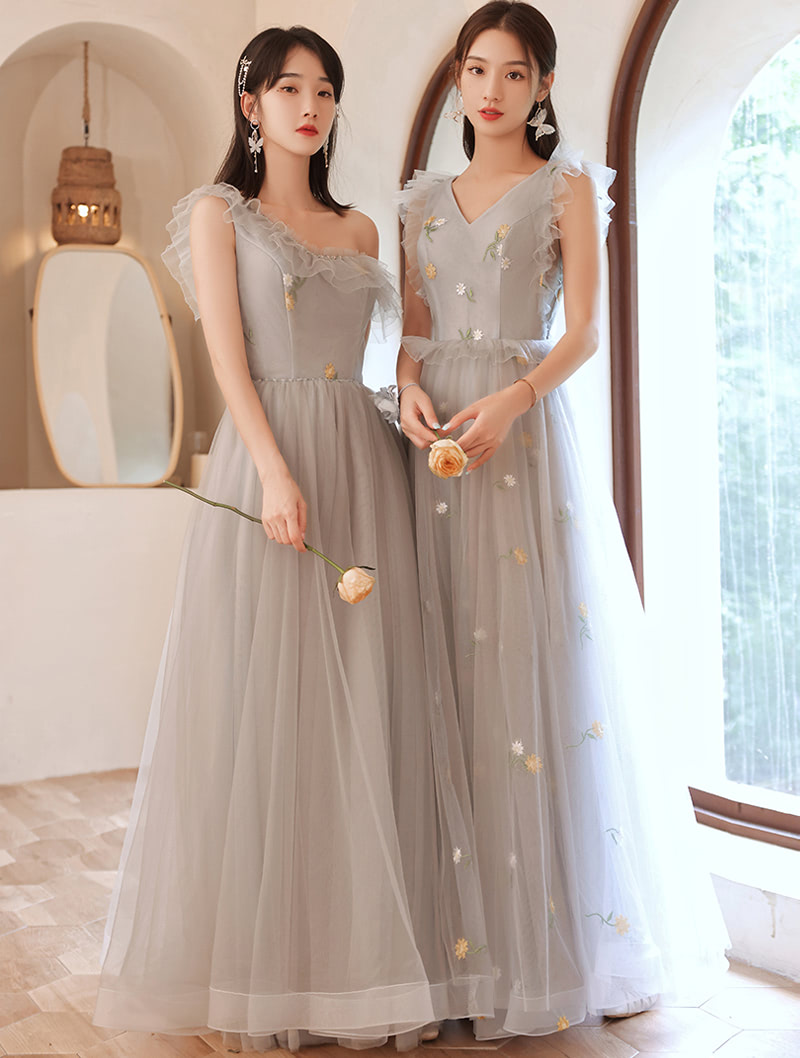Women’s A-line Gray Floral Bridal Party Evening Bridesmaid Dress01