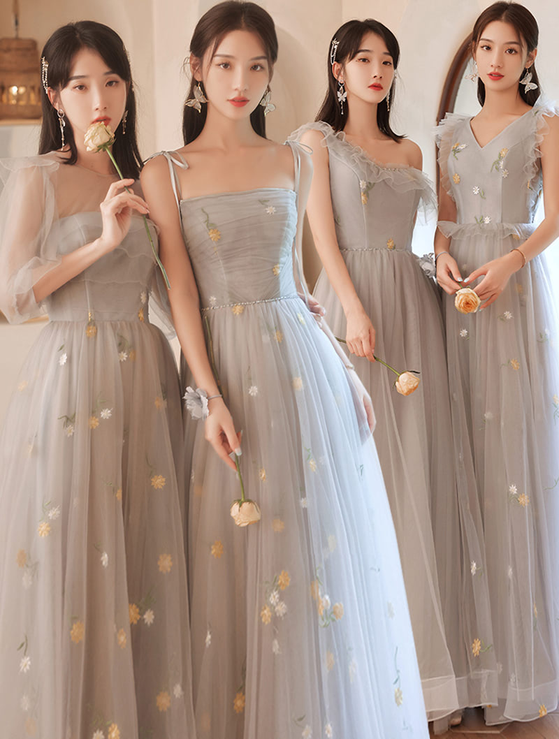 Women's A line Gray Floral Bridal Party Evening Bridesmaid Dress02