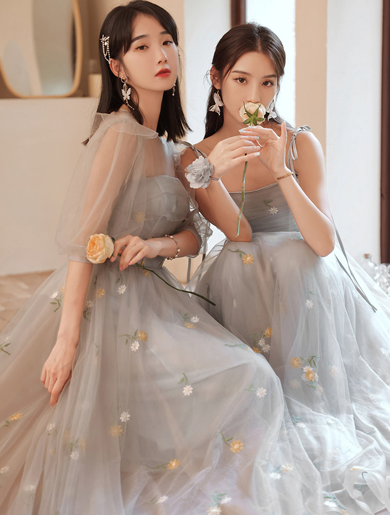 Women's A line Gray Floral Bridal Party Evening Bridesmaid Dress03