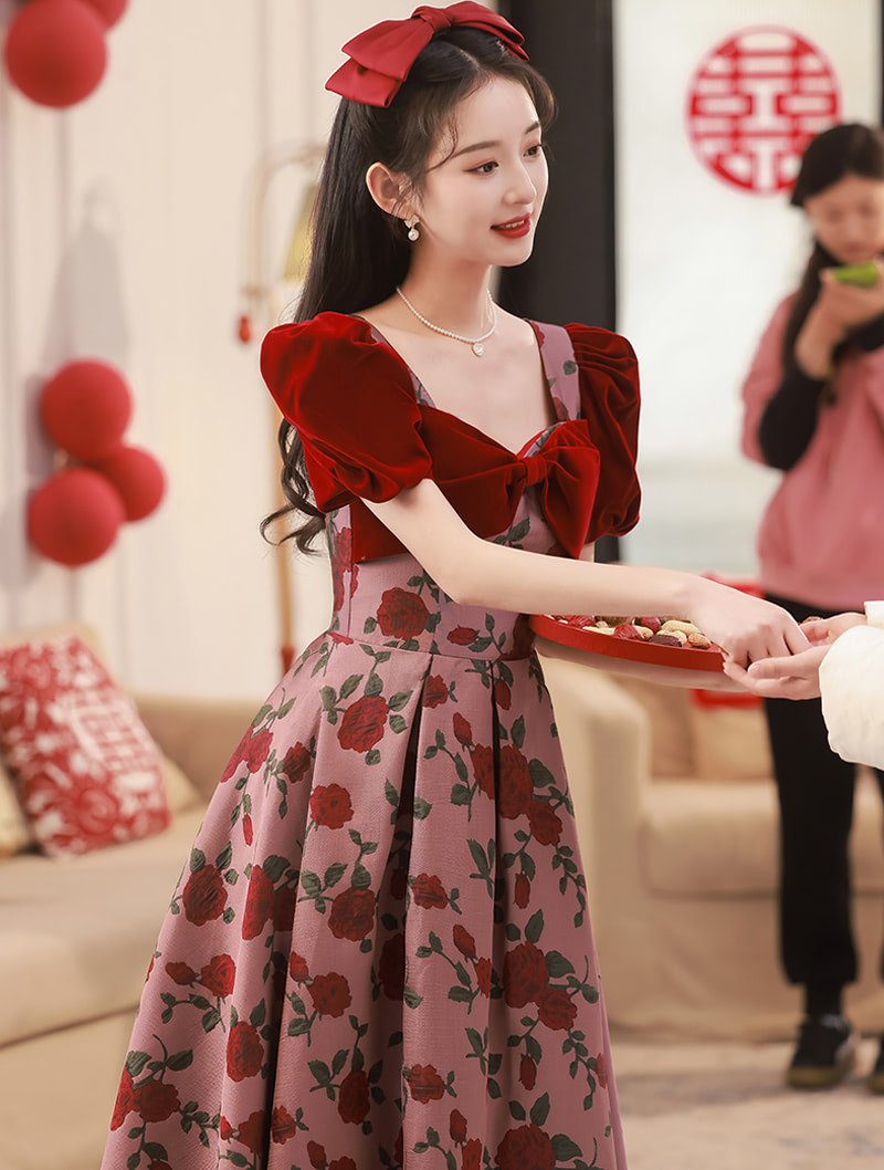 Aesthetic Floral Short Sleeve Mid Length Cocktail Banquet Party Dress04