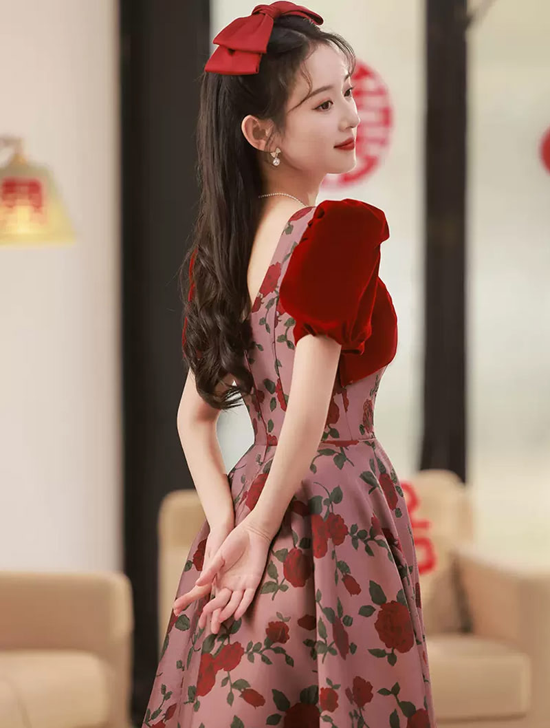 Aesthetic Floral Short Sleeve Mid Length Cocktail Banquet Party Dress05