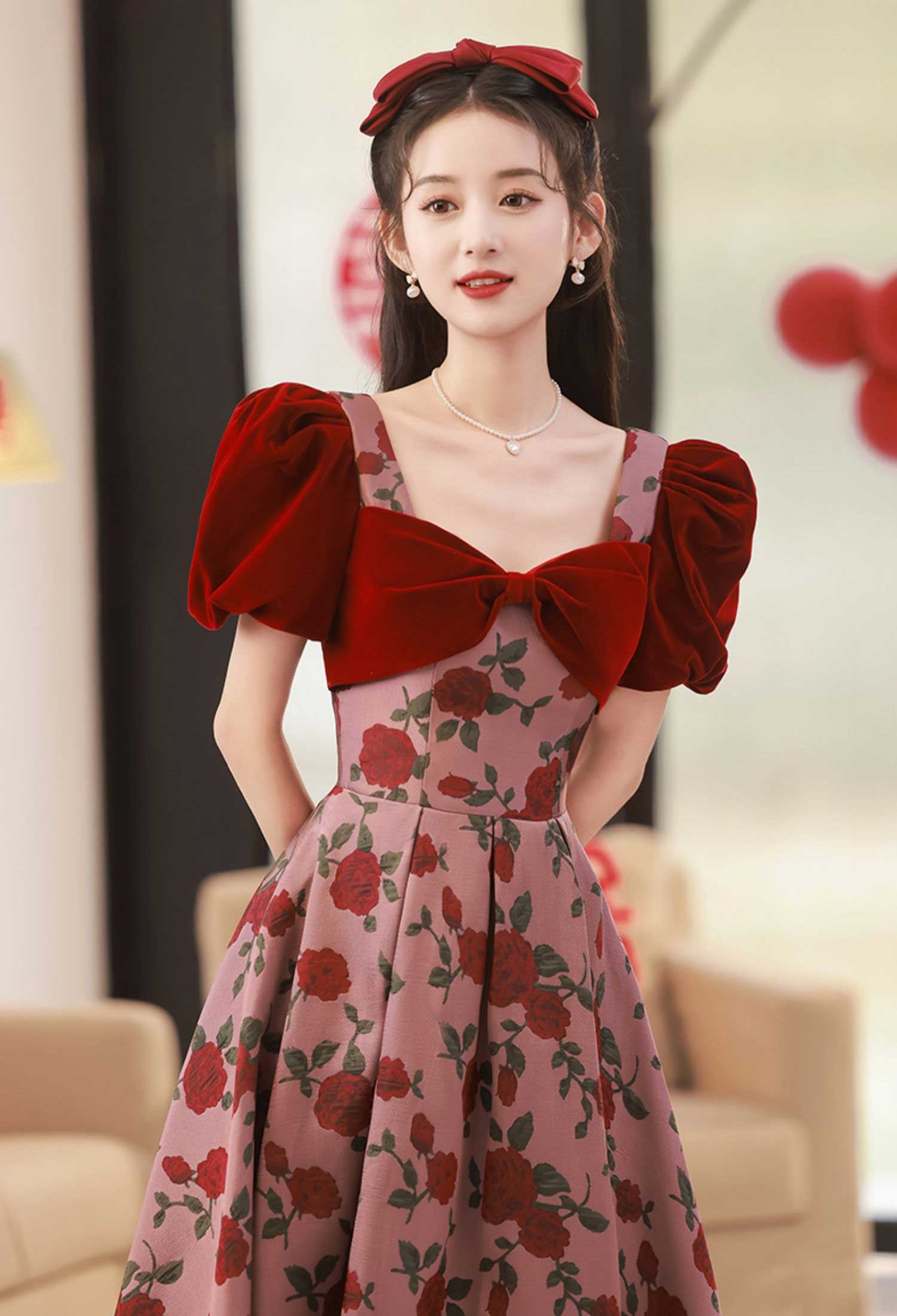 Aesthetic-Floral-Short-Sleeve-Mid-Length-Cocktail-Banquet-Party-Dress07