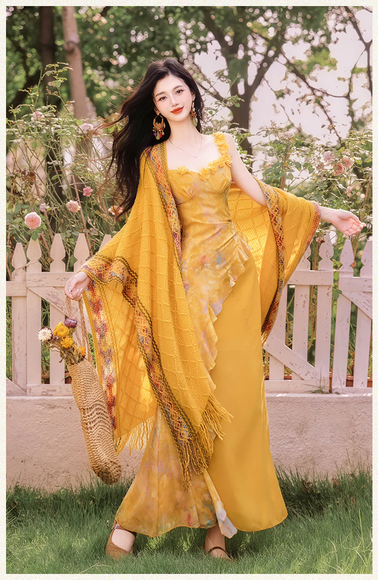 Bohemian-Sun-Drenched-Yellow-Ruffle-Slip-Dress-with-Fringe-Knit-Shawl-Set07