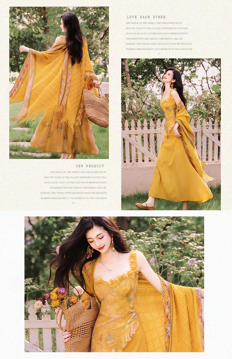 Bohemian-Sun-Drenched-Yellow-Ruffle-Slip-Dress-with-Fringe-Knit-Shawl-Set08