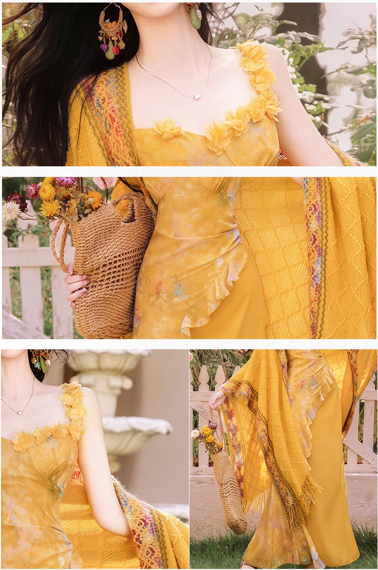 Bohemian-Sun-Drenched-Yellow-Ruffle-Slip-Dress-with-Fringe-Knit-Shawl-Set09