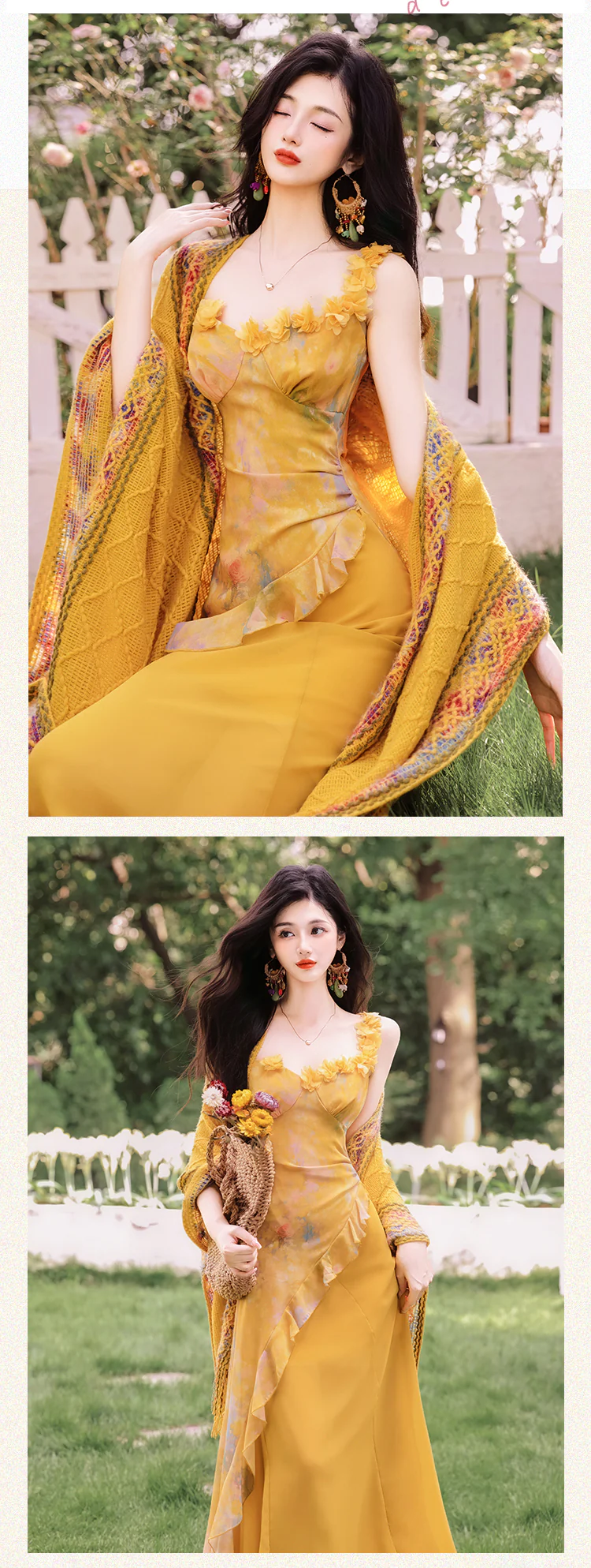 Bohemian-Sun-Drenched-Yellow-Ruffle-Slip-Dress-with-Fringe-Knit-Shawl-Set12