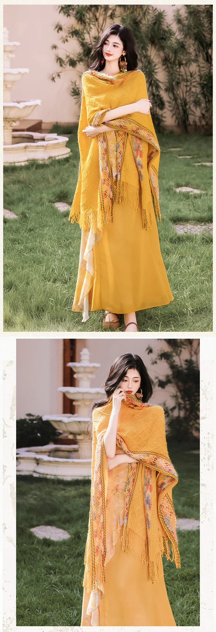 Bohemian-Sun-Drenched-Yellow-Ruffle-Slip-Dress-with-Fringe-Knit-Shawl-Set14