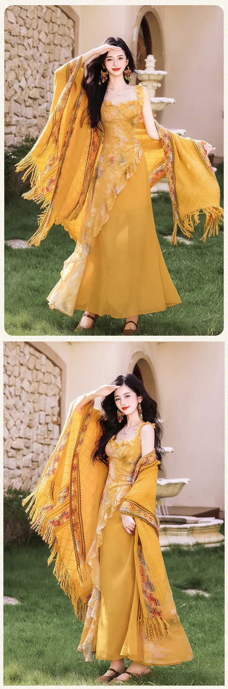Bohemian-Sun-Drenched-Yellow-Ruffle-Slip-Dress-with-Fringe-Knit-Shawl-Set17
