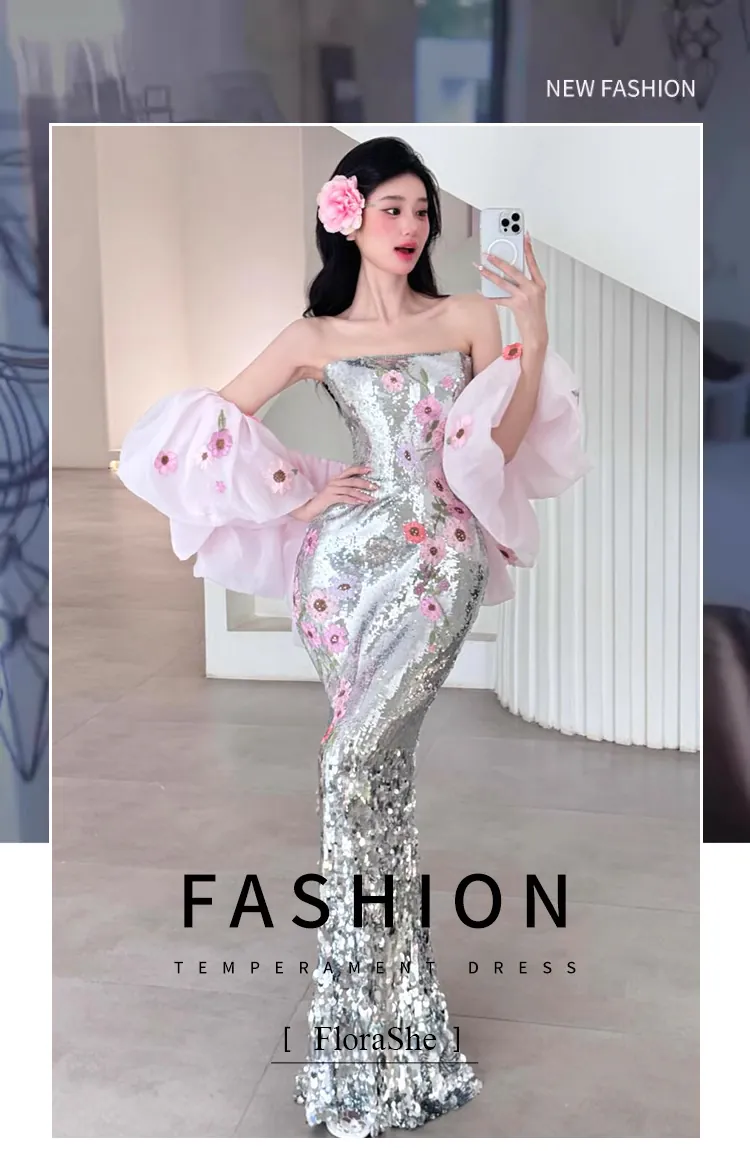 Classy-Strapless-Sequin-Mermaid-Prom-Dress-Floral-Fishtail-Formal-Gown06