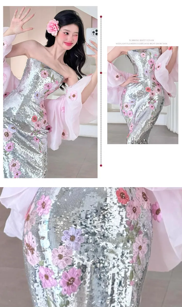 Classy-Strapless-Sequin-Mermaid-Prom-Dress-Floral-Fishtail-Formal-Gown07