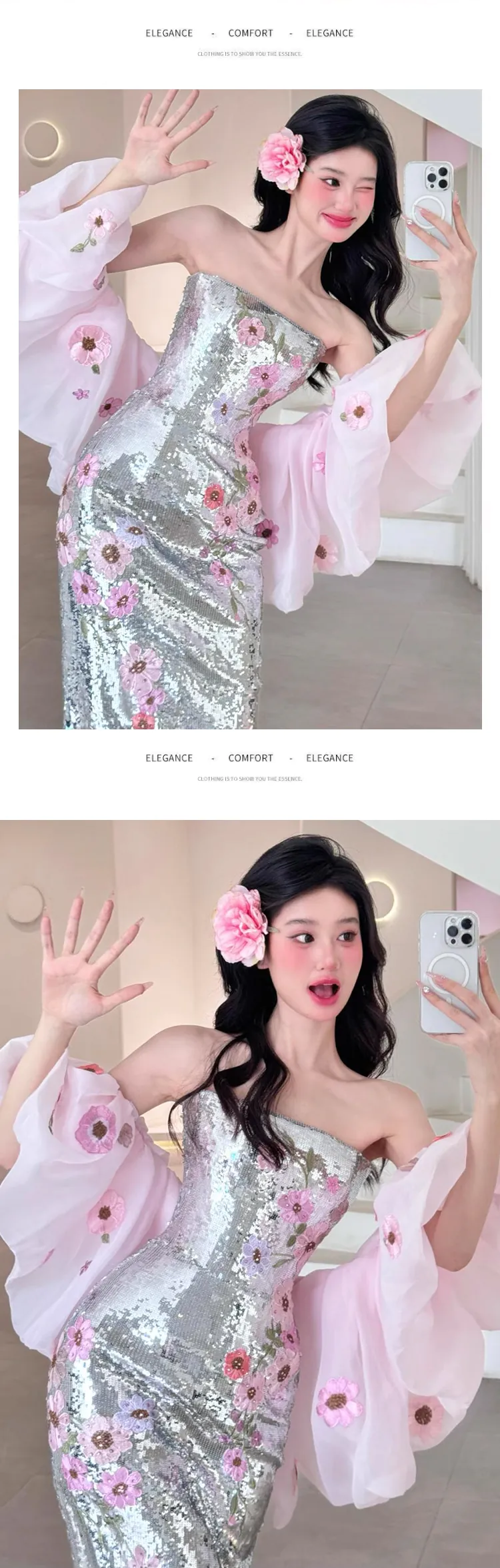 Classy-Strapless-Sequin-Mermaid-Prom-Dress-Floral-Fishtail-Formal-Gown09