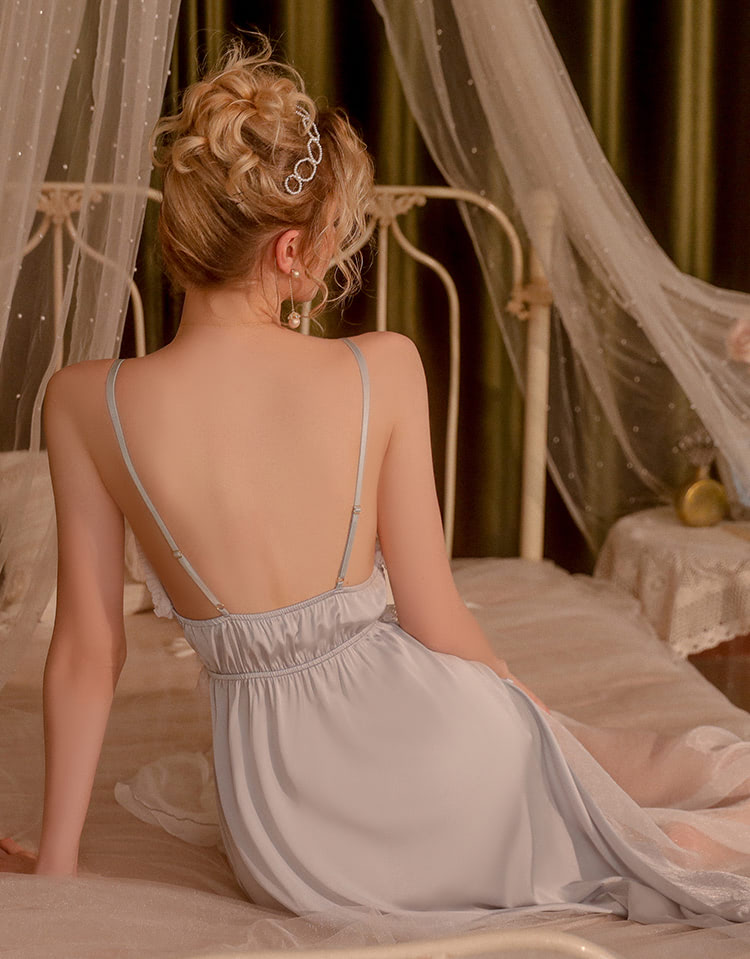 Deep-V-Neck-Open-Back-Lace-Satin-Tulle-Strap-Nightgown-Sleepwear16