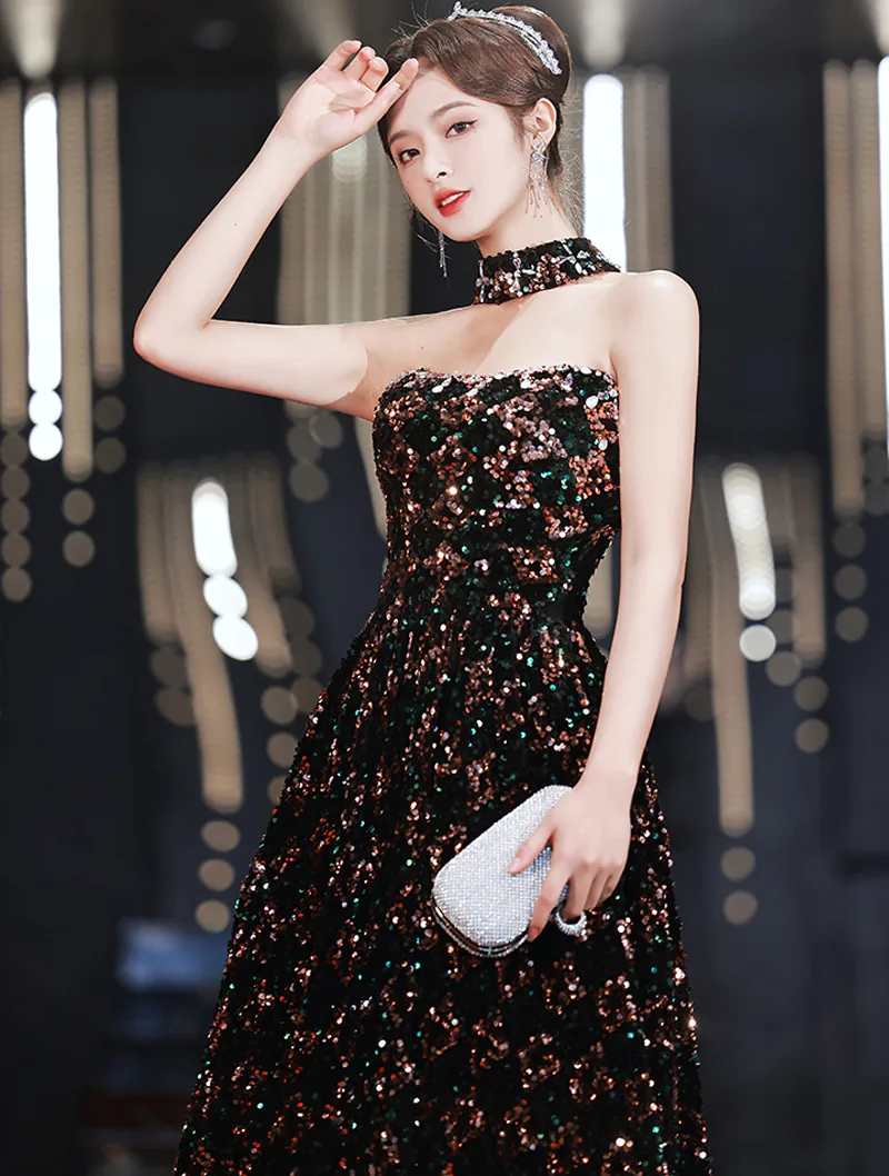 Elegant Black Sequin Tube Style Party Dress Formal Evening Ball Gown02.