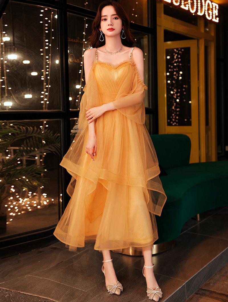 Elegant Charming Fairy Yellow Slip Evening Party Prom Dress01