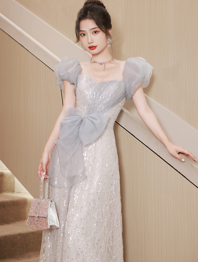 Elegant Light Blue Tulle Short Sleeve Evening Formal Party Long Dress02