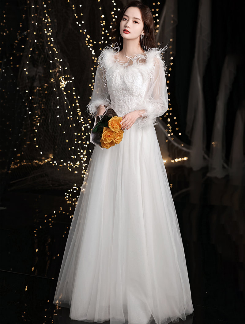 Elegant White Long Sleeve Feather Banquet Evening Prom Formal Dress01