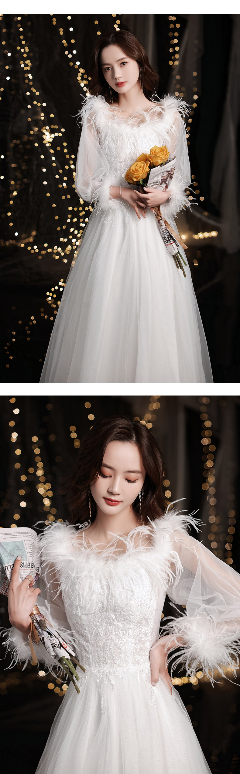 Elegant-White-Long-Sleeve-Feather-Banquet-Evening-Prom-Formal-Dress