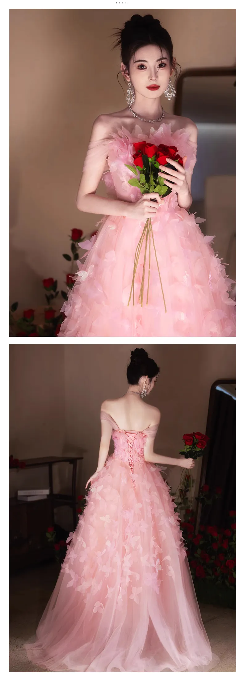Fairy-Pink-Strapless-Floral-Evening-Formal-Long-Dress-with-Butterfly15