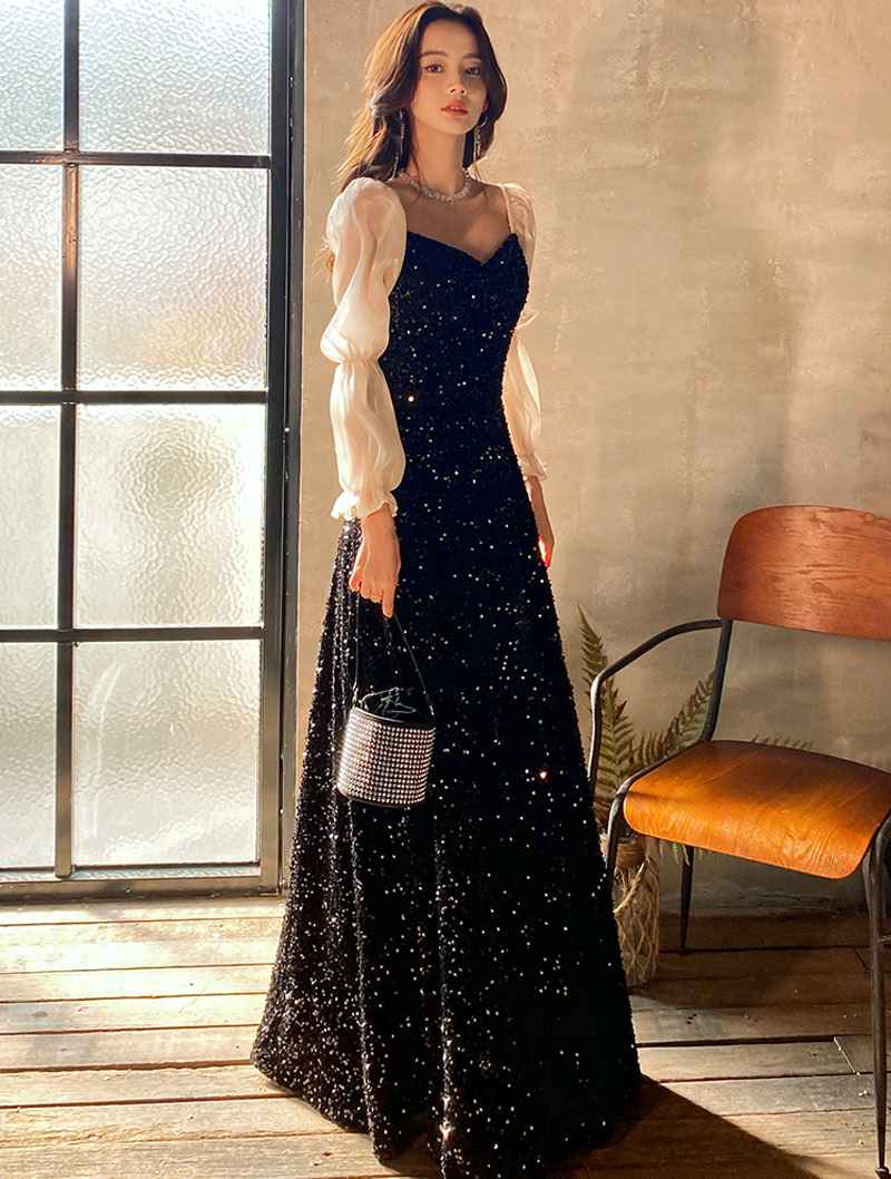 Fashion V Neck Long Sleeve Black Sequin Evening Party Formal Dress01